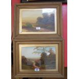 A pair of gilt framed early 20th Century oils on card, both depicting rural landscapes