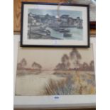 F.G. Fraser: a framed vintage watercolour, depicting a winter river landscape with church - signed -