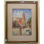 A gilt framed late 19th Century watercolour, depicting a gondola on a canal with church and