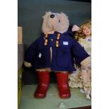 A vintage Gabrielle Designs Paddington Bear with duffle coat and Dunlop wellington boots - hat