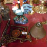 A modern cast metal porch bell with traction engine bracket - sold with a modern cockerel form