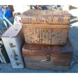 Two old tin trunks and an Overpond fibreboard suitcase