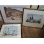 †William Russell Flint: three framed coloured prints, depicting washerwomen outside a building and