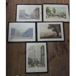 Five framed coloured reprints, depicting named London streets and views