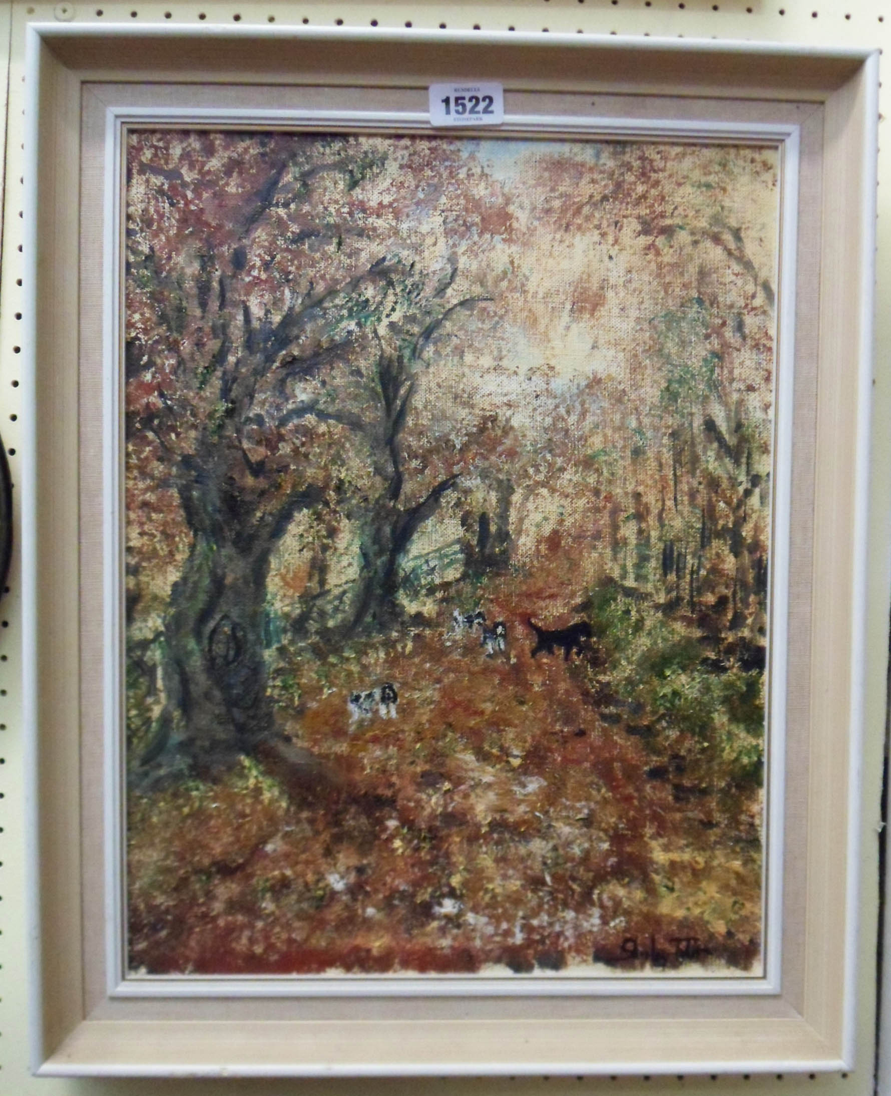 Shirley Tyler: A framed vintage oil on canvas, depicting dogs on a woodland track - signed