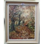 Shirley Tyler: A framed vintage oil on canvas, depicting dogs on a woodland track - signed