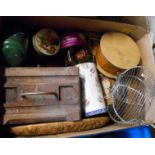 A box containing a quantity of assorted collectable items including brass bound wooden box,