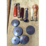 Six desk seals comprising turned wood, tooled leather and agate examples - sold with five turned