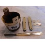 A miniature cow horn milk pail souvenir of Chamonix - sold with two celluloid handled penknives, a