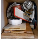 A box containing a quantity of kitchenalia and other items including pestles, enamel roasting
