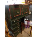 A 1.7m vintage decorative painted wood two part chest with double cupboard to top over four long