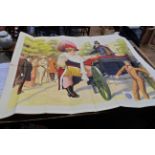 An antique circus related coloured lithographic poster depicting an oversized lady stepping onto a