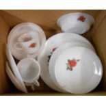 A box containing a quantity of vintage Phoenix oven to tableware glass with decorative rose transfer