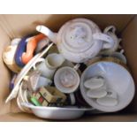 Two boxes containing assorted ceramic items including Shelley part tea set, etc.