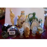 A selection of ceramic and glass items including Quimper frog, SylvaC dog, paperweights, etc.