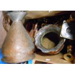 A box containing a quantity of assorted metalware including candlesticks, copper jugs, copper