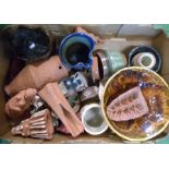 A box containing a quantity of assorted studio pottery items