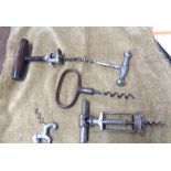 Five corkscrews comprising Art Deco dog, plated T Bar straight pull, waiters friend with original