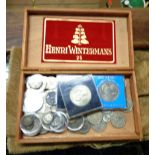 A cigar box containing a collection of coinage including GB 2/, 1/, silver 3d, 1826 1/, Edward