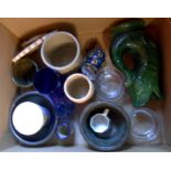 A box containing a quantity of assorted ceramics including Dartmouth gurgle jug, etc.