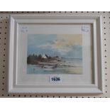 A framed small print, depicting shoreside buildings and rowing boats