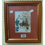 A framed small format mixed media painting, depicting figures on horseback in a winter setting