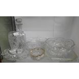A small quantity of assorted cut and pressed glassware including decanter, vase, bowl, etc.