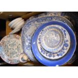 Two boxes of assorted ceramic items including blue and white meat plates, etc.