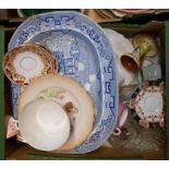 A box containing a quantity of ceramics and glass including early 19th Century small wine, blue