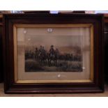A large oak framed antique monochrome engraving entitled Wellington at the battle of Waterloo -