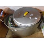 A small galvanised wash pot - sold with a large aluminium saucepan and three vintage enamel dishes