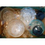 A box containing a quantity of assorted glassware including cloud glass, candlesticks and powder