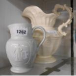 A Victorian relief moulded jug with lobed floral panel decoration and Rococo style handle - sold