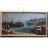 Terry Burke: a framed oil on canvas, depicting a panoramic scene at Brixham harbour with figures