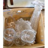 A box containing a quantity of assorted glassware including six wine glasses, vase, butter dish,