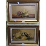 A pair of vintage framed oils on board, one a still life with birds, the other a still life with