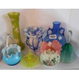 A small selection of assorted coloured glassware including enamelled vase, opaque glass painted