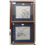 Two stained wood framed Oriental watercolour botanical studies - with red seal stamps