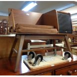 An 82cm retro sapele wood telephone table with plastic tambour fronted compartment and original swag
