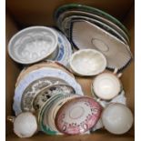 A box containing a selection of ceramic items including jelly moulds, plates, etc.