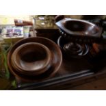 Four old carved wooden bowls comprising 19th century Gothic urn form and three others