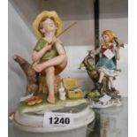 Two 20th Century Capodimonte figures one depicting a boy fishing, the other a girl startled by a