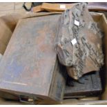 A box containing a quantity of assorted collectable items including large wooden printing block,