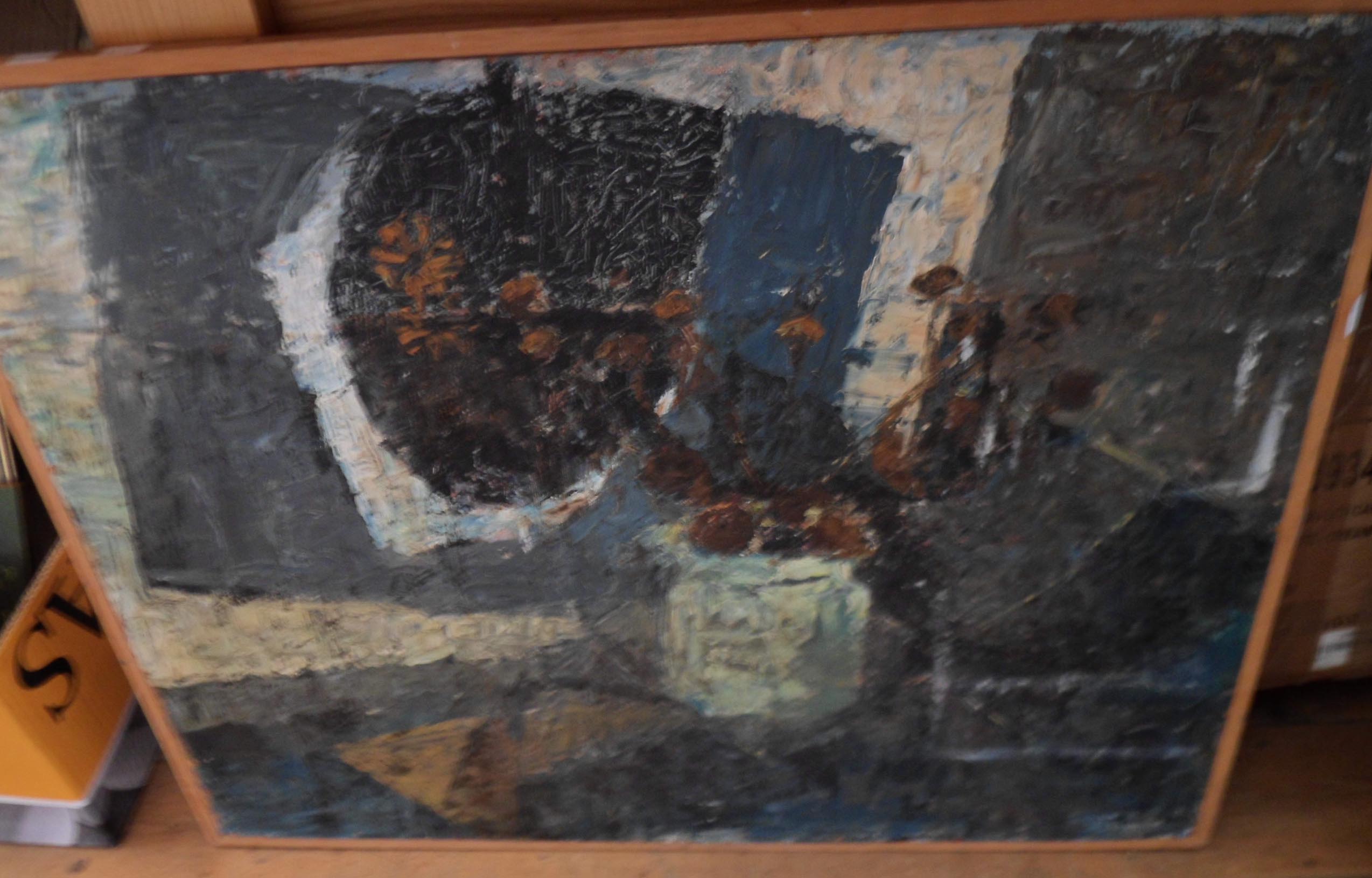 A vintage oil on hardboard abstract still life - indistinctly signed