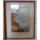 Louis Mortimer: a gilt framed watercolour view of Clovelly village and harbour from the cliffs -