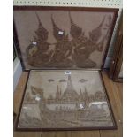 Two framed Far Eastern pyrograph pictures, one depicting temple musicians, the other a dragonboat