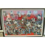 A large framed Japanese woodblock print, depicting a Kabuki opera scene with numerous processional