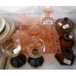 A pressed glass dressing table set - sold with a pair of cloud glass candlesticks and powder bowl