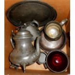 A box containing assorted metalware including pewter tea set and tray, etc.