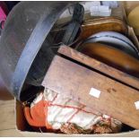 A box containing a quantity of collectable items including Edwardian inlaid tea tray, folding book